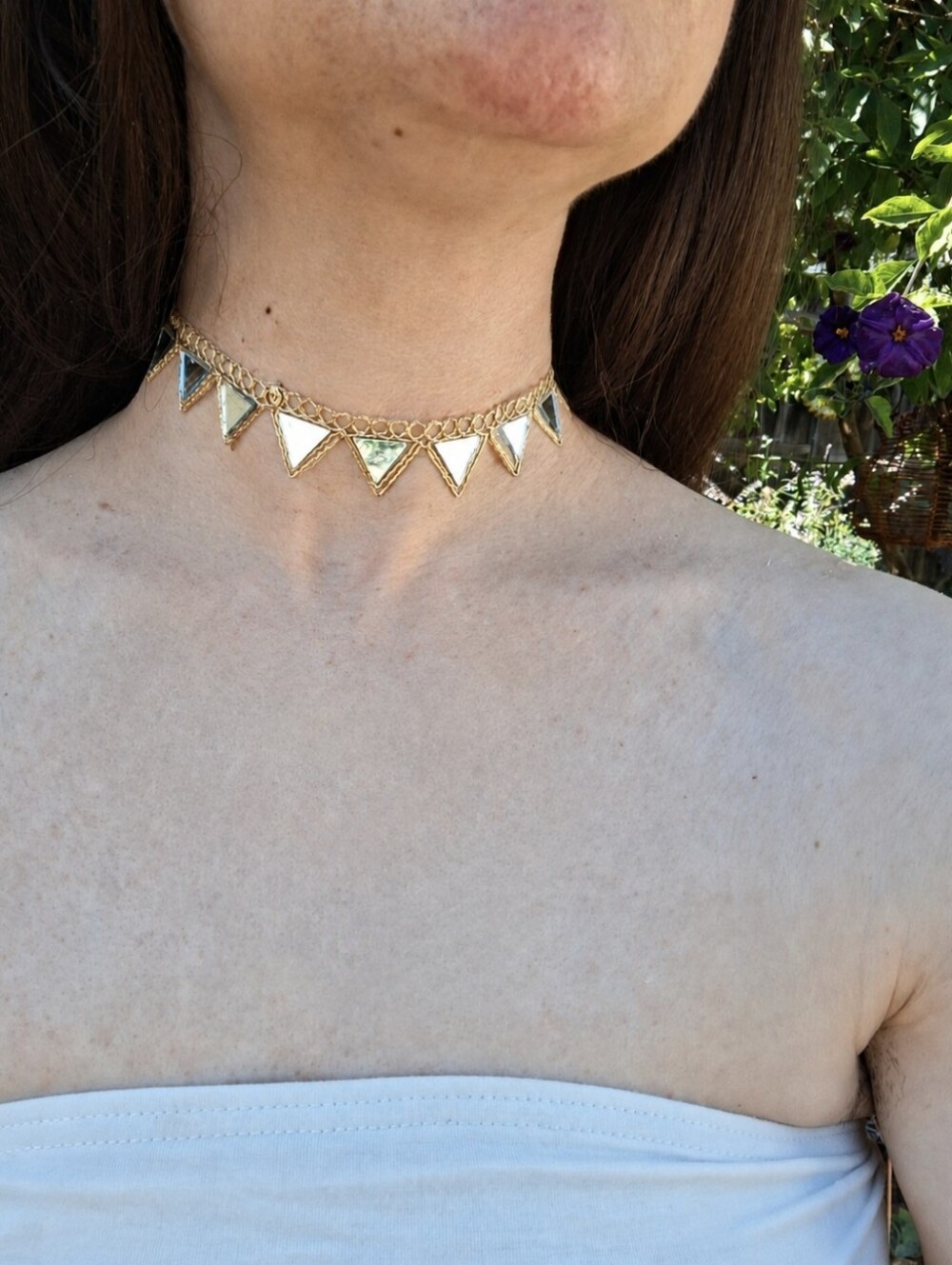 Handmade Gold Boho Triangle Mirror Choker Necklace Festival Rave Vacation